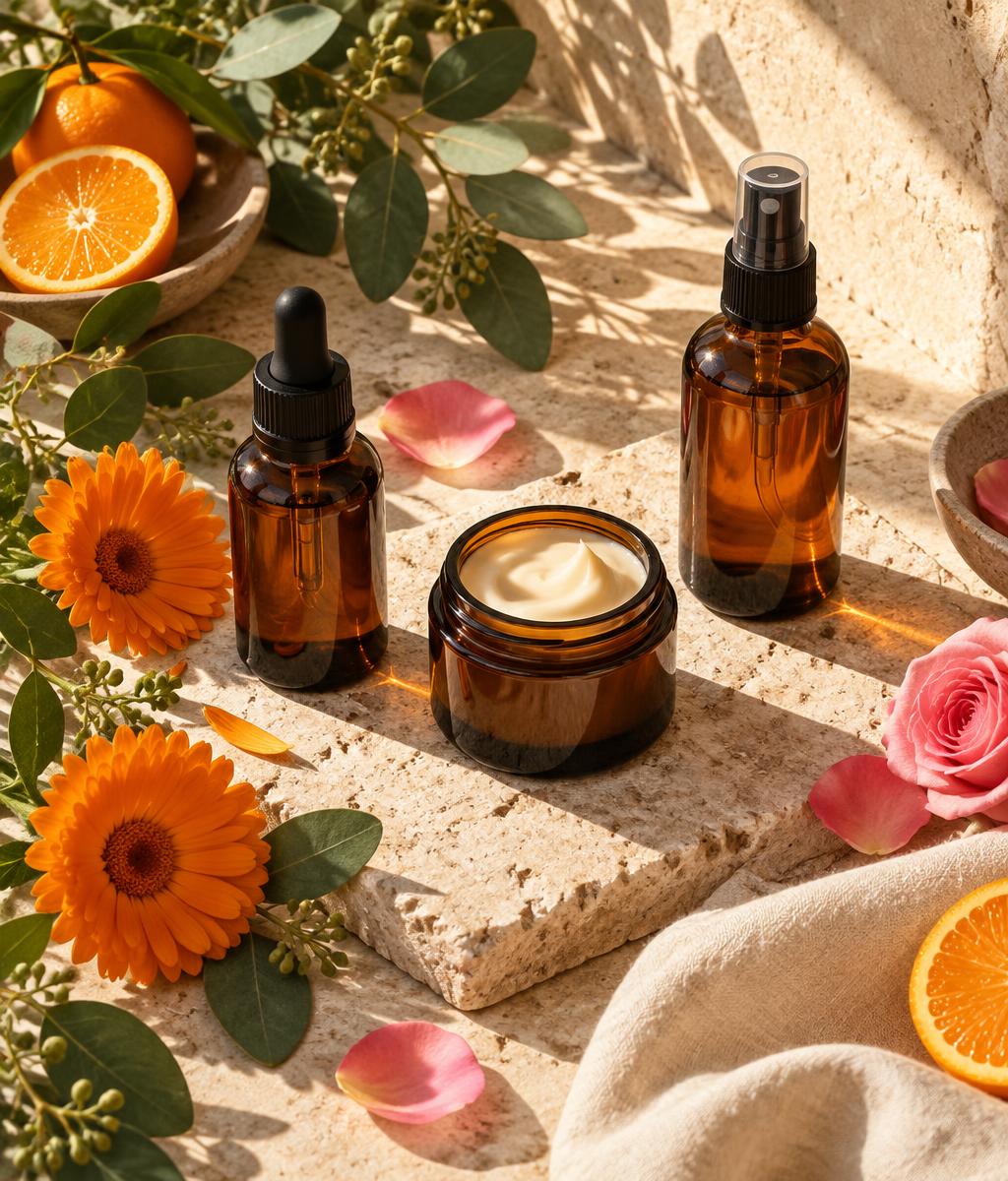 Amber botanical skincare bottles with calendula, citrus, roses, and eucalyptus in sunlight